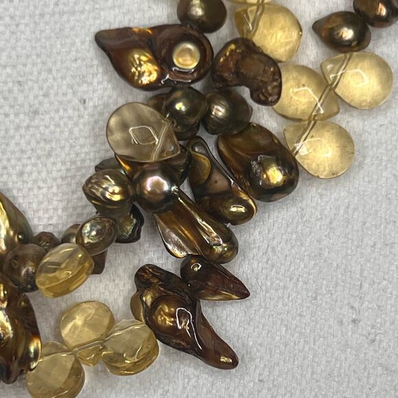 Vintage 90s Golden Chocolate Fresh Water Pearl 3 Strand Necklace Glass Teardrops - Picture 5 of 7